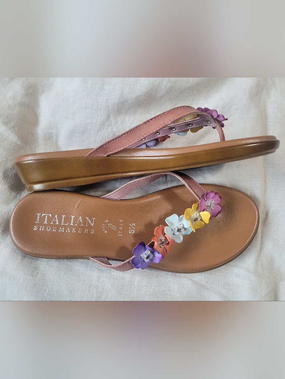 Italian Shoemakers Pink Floral Leather Flip Flops